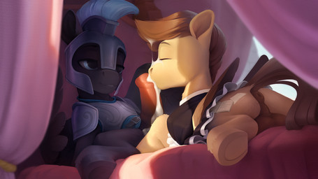 animal_genitalia animal_penis anus armor balls bed blue_eyes bodily_fluids clothed clothed_feral clothing cum cum_on_face cum_on_own_penis cum_on_penis cum_on_self cutie_mark dock_(anatomy) duo equine_genitalia equine_penis erection eyes_closed feathered_wings feathers feral folded_wings furniture galea genital_fluids genitals headgear helmet hooves kissing lying maid_uniform male male/male on_bed on_front penis penis_kissing perineum quadruped tail underhoof uniform wings hentwi hasbro my_little_pony mythology fan_character midnight_lancer_(wondercoltz) petrichor_(ponefan123) equid equine mammal mythological_creature mythological_equine pegasus absurd_res hi_res