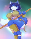 anthro big_breasts bigdon1992 blue_body blue_fur blue_hair breasts canid canine clothed clothing digital_media_(artwork) female fox fur hair hi_res krystal_(star_fox) mammal nintendo solo star_fox thick_thighs white_body white_fur