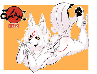 4_toes anthro anthrofied black_pawpads breasts butt claws feet female hair looking_at_viewer lying nude on_front pawpads paws pointy_ears prick_ears soles solo tail the_pose toe_claws toes white_body yellow_eyes kitsukaelkami capcom okami_(capcom) amaterasu_(okami) canid canine canis mammal wolf absurd_res hi_res