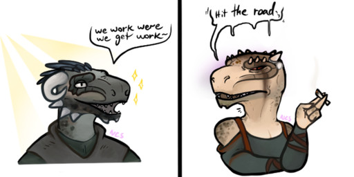 anthro black_text cigarette clothed clothing dialogue duo feathers female green_body green_scales holding_cigarette holding_object horn humor light light_beam male scales simple_background sparkles speech_bubble sunbeam sunlight tan_body tan_scales teeth text white_background ncs bethesda_game_studios microsoft skyrim the_elder_scrolls keerava scouts-many-marshes argonian scalie digital_drawing_(artwork) digital_media_(artwork) english_text handwritten_text hi_res multiple_images shaded