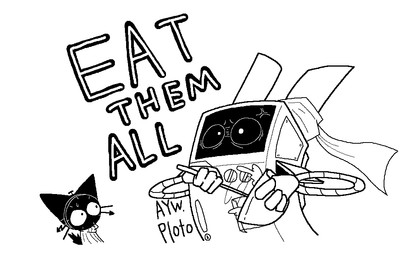 ambiguous_gender anthro biped black_body black_eyes black_tail bodily_fluids clothed clothing dialogue duo eyebrows fingers machine screen screen_face simple_background sweat tail text topwear white_background white_eyes sabgong clock_cat_(sabgong) domestic_cat felid feline felis humanoid mammal robot black_and_white monochrome