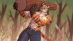 abs anthro barazoku biceps big_muscles bottomwear clothed clothing denim denim_bottomwear denim_clothing dutch_angle forest fur gloves handwear holding_log holding_object holding_wood jeans log lumberjack male muscular muscular_anthro muscular_male navel outside pants plant solo standing text topless topless_male tree tuft walnut_(anjing) wood working anjing_kampuss felid mammal pantherine tiger 16:9 2021 hi_res url widescreen