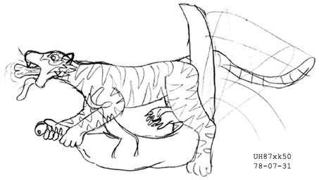 ballbusting balls cock_and_ball_torture duo fight genital_torture genitals humor male pain simple_background tail tail_motion tail_whip toony white_background urban_hermit urbanhermit crocodile crocodilian felid mammal pantherine reptile scalie tiger 1978 20th_century ancient_art black_and_white dated monochrome
