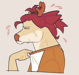 anthro clothed clothed_male clothing countershading hair hair_up heat_(temperature) male male_anthro solo sweating_profusely tied_hair too_hot sabanasmiles aubrey_lebeau deer mammal 2026 hi_res