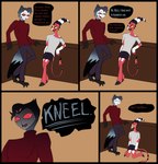 anthro black_border border command domestic domestic_scene dominant dominant_male duo kneeling male male/male submissive submissive_male text trigger_word reachahighernoon helluva_boss blitzo_(helluva_boss) stolas_(helluva_boss) avian bird demon humanoid imp owl comic english_text hi_res