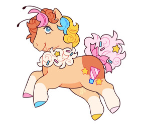 accessory ambiguous_gender antennae_(anatomy) black_antennae blue_eyes bow_ribbon brown_mane cutie_mark feral fur furgonomics hair hooves mane multicolored_body multicolored_fur multicolored_mane pink_bow pink_hooves pink_tail ribbons short_mane simple_background solo style_emulation tail tail_accessory tail_bow tail_ribbon tan_body tan_fur text unguligrade cocopudu hasbro mlp_g1 my_little_pony fan_character sprinkle_bug equid equine horse mammal pony 2023 artist_name digital_drawing_(artwork) digital_media_(artwork) english_description flat_colors hi_res