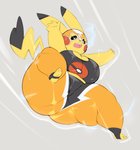 anthro anthrofied beady_eyes belly big_breasts big_butt black_body black_fur breasts bulumble-bee butt cleavage cleft_tail clothed clothing cosplay_pikachu_(character) cosplay_pikachu_(costume) electricity electricity_manipulation elemental_manipulation female fur generation_1_pokemon hi_res huge_butt huge_thighs jumping low-angle_view mask midriff navel nintendo open_mouth overweight overweight_anthro overweight_female pikachu pikachu_libre pokemon pokemon_(species) pokemorph short_stack simple_background skinsuit slightly_chubby slightly_chubby_female solo sports_mask sportswear tail thick_thighs tight_clothing wide_hips wrestling_mask yellow_body yellow_fur