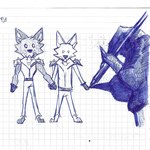 anthro belt clothed clothing drawing drawing_pen duo hand_holding male muscular muscular_anthro muscular_male spikes pinumontbalou epic_games fortnite fennix_(fortnite) volpez_(fortnite) canid canine canis fox mammal red_fox true_fox 1:1 hi_res traditional_media_(artwork)