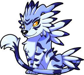 ambiguous_gender black_nose blue_background blue_body blue_feathers blue_fur blue_markings chibi eyelashes feathers feral fur long_tail markings paws simple_background sitting smile solo stripes tail white_background yellow_eyes alishapexxy bandai_namco digimon canid canine digimon_(species) garurumon mammal 2020 digital_media_(artwork) hi_res