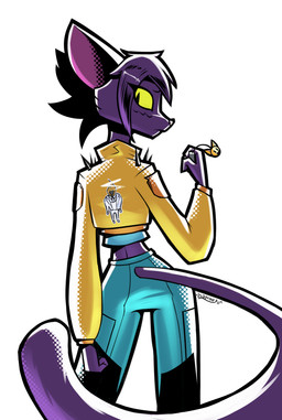 anthro black_body black_fur black_hair blue_bottomwear blue_clothing blue_pants bottomwear car_keys clothed clothed_anthro clothed_female clothing crop_top eyeliner female female_anthro fur hair jacket looking_at_viewer looking_back looking_back_at_viewer makeup pants shirt short_hair simple_background spikes topwear white_background yellow_clothing yellow_eyes yellow_jacket_(clothing) yellow_topwear gatonejo foster_the_people mono_(gatonejo) domestic_cat felid feline felis mammal 2026 absurd_res hi_res signature