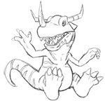 3_fingers ambiguous_gender anthro fingers horn open_mouth sharp_teeth simple_background solo striped_body stripes teeth teeth_showing white_background matsutzu thegreatmatsutzu bandai_namco digimon digimon_(species) greymon black_and_white monochrome sketch