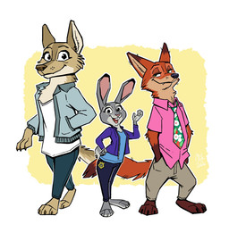 anthro bottomwear buckteeth clothed clothing fangs feet female fur grey_body group jacket looking_at_viewer male necktie open_clothing open_jacket open_mouth open_topwear pants police police_badge shirt simple_background smile standing tail teeth toes topwear trio nikraccoom disney zootopia holly_howell judy_hopps nick_wilde canid canine european_rabbit fox lagomorph leporid mammal oryctolagus rabbit red_fox true_fox digital_media_(artwork) hi_res