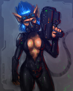 anthro armwear blue_eyes blue_hair blue_nails breasts claws cleavage clothed clothing colored_nails cybernetics cyberpunk dark elbow_gloves eyewear eyewear_on_head female fingerless_gloves full_cleavage future futuristic gas_mask gloves glowing glowing_eyes goggles goggles_on_head gun hair handgun handwear holding_gun holding_handgun holding_object holding_ranged_weapon holding_weapon inner_boob looking_at_viewer machine mask nails paint_splatter ranged_weapon science_fiction simple_background slime solo standing suit tail unzipped_bodysuit weapon neurodyne cyborg domestic_cat felid feline felis mammal 2012 4:5 colored