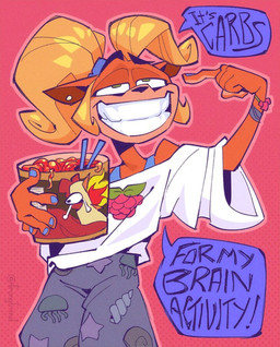 anthro blonde_hair bottomwear clothing ear_piercing female food green_eyes grin hair noodles pants piercing short smile solo text frongfriend activision crash_bandicoot_(series) coco_bandicoot bandicoot mammal marsupial english_text