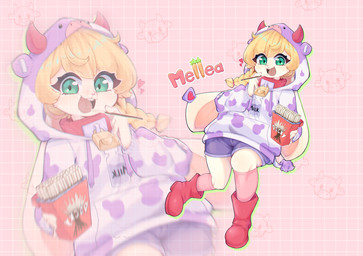 anthro belly blonde_hair boots bottle bottomwear braided_hair candy chocolate clothing collar container cowbell dessert ear_piercing ear_tag fake_horns female food footwear green_eyes hair happy legwear long_ears milk_bottle milk_container open_mouth piercing pink_stockings red_boots red_clothing red_collar red_footwear shoes short_hair shorts smile solo stockings sweatshirt tan_body text tongue haruts pocky mellea_(melleacomic) lagomorph leporid mammal rabbit 2025 character_name digital_media_(artwork) hi_res