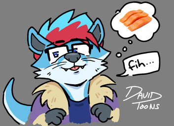 anthro blep blue_body blue_clothing blue_eyes blue_fur blue_hair_tips blue_topwear clothing eyewear fur glasses grey_background grey_body grey_fur grey_inner_ear hair jacket male pink_tongue purple_clothing purple_jacket purple_topwear rectangular_glasses red_hair salmon_(food) simple_background solo speech_bubble tail text thought_bubble tongue tongue_out topwear wearing_glasses david_toons david_toons_(character) mammal mustelid otter 2026 digital_drawing_(artwork) digital_media_(artwork) english_description english_text mixed_media photography_(artwork)