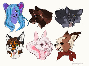 anthro black_nose blonde_hair blue_eyes blue_hair brown_body brown_eyes brown_fur brown_hair cheek_tuft countershade_face countershade_fur countershading ear_piercing ear_ring ear_tuft eye_scar eyewear facial_scar facial_tuft female forked_tongue fur glasses green_eyes grey_body grey_fur hair kerchief long_hair looking_at_viewer male neckerchief neckwear nose_scar notched_ear open_mouth orange_body orange_fur piercing pink_body pink_eyes pink_fur pink_inner_ear pink_tongue purple_body purple_fur rectangular_glasses ring_piercing scar simple_background teeth text tongue tongue_out tuft white_background white_body white_fur white_hair white_inner_ear conditional_dnp puddingpaw canid canine canis felid fox mammal wolf 2020 absurd_res artist_name digital_media_(artwork) headshot_portrait hi_res multiple_images portrait sketch