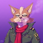 anthro cigarette cigarette_in_mouth clothed clothing flight_suit fur green_eyes hair half-closed_eyes jacket male military military_uniform narrowed_eyes object_in_mouth red_scarf scarf simple_background smoking smoking_cigarette solo tan_body text topwear uniform habiyeru nintendo star_fox fox_mccloud canid canine fox mammal 1:1 2022 digital_media_(artwork)