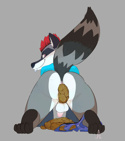 4_toes all_fours anthro anus backsack balls black_body black_fur black_nose bottomless bottomless_anthro bottomwear bottomwear_around_one_leg bottomwear_down boxers_(clothing) butt circumcised clothed clothing clothing_around_one_leg erection eyebrows facial_markings facial_piercing feces feces_on_clothing feces_on_ground feces_pile feet fur genitals grey_background grey_body grey_fur hair head_markings humanoid_genitalia humanoid_penis inner_ear_fluff leg_markings lip_piercing logo looking_at_viewer looking_back looking_back_at_viewer male markings mask_(marking) mohawk penis piercing pooping presenting presenting_hindquarters raised_tail rear_view red_hair shirt shirt_only simple_background smile smiling_at_viewer socks_(marking) soiled_bottomwear soiled_boxers solo striped_body striped_fur striped_markings striped_tail stripes tail tail_markings text toes topwear topwear_only tuft underwear white_body white_fur loki_lemuria max_raccoonism mammal procyonid raccoon absurd_res artist_logo digital_media_(artwork) english_text hi_res signature