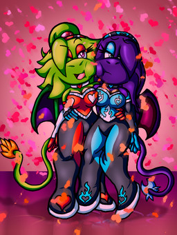accessory anthro armwear bangs bedroom_eyes blue_eyeshadow choker clothing confetti dragon_wings duo elbow_gloves eyeshadow face_squish feathered_tail feathers female full_body_suit gloves green_body hair hands_on_waist handwear headband heart_pattern heart_symbol highlights_(coloring) jewelry lime_green long_hair long_tail looking_at_viewer looking_away magenta_eyes makeup narrowed_eyes necklace one_eye_closed pink_background ponytail posing_for_picture posing_for_the_viewer prehensile_tail purple_body red_eyeshadow reflective_floor seductive short_hair simple_background spread_wings squish tail teal_eyes tied_hair two_toned_body valentine_suit wings wink winking_at_viewer spdy4 mythology arrow_(spdy4) arrow_the_dragon arrow_xiang_long worra_(spdy4) worra_galina_moroz worra_the_dragon couatl doppleganger_(species) dragon eastern_dragon feathered_scalie feathered_snake hybrid mythological_creature mythological_scalie reptile scalie snake 3:4 digital_media_(artwork) hi_res shaded