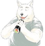 anthro black_nose clothing ehomaki food humanoid_hands kemono makizushi male overweight overweight_anthro overweight_male shirt simple_background solo sushi topwear white_background white_body gombee_s setsubun canid canine mammal 2016