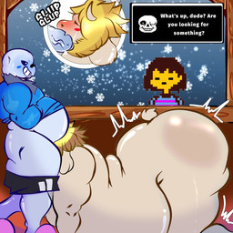 anthro balls_deep beard blush blushing_profusely bottomwear bottomwear_down clothed clothing dialogue facial_hair glup group horn larger_sub male male/male male_penetrated male_penetrating male_penetrating_male nude obese oral oral_penetration overweight pants pants_down partially_clothed penetration penile penile_penetration sex size_difference submissive text trio uameyg undertale undertale_(series) asgore_dreemurr frisk_(undertale) sans_(undertale) bovid caprine goat human humanoid mammal 1:1 english_text hi_res