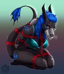 all_fours anthro arms_tied athletic athletic_anthro athletic_female bdsm blue_hair blue_spots bodily_fluids bondage bound bra breasts breath claws clothing eyelashes female gag gagged grey_body grey_scales hair half-closed_eyes hands_behind_back heart_symbol horn kneeling legs_tied logo looking_at_viewer motion_lines muffled multicolored_body multicolored_scales multicolored_tail narrowed_eyes pink_eyes predicament_bondage restraints rope rope_bondage rope_harness scales simple_background smile smiling_at_viewer solo spots submissive submissive_anthro submissive_female sweat sweatdrop tail tail_bondage tail_tied tape tape_gag underwear pumpkinpinup mythology raven_(rusty-draco) dragon mythological_creature mythological_scalie scalie artist_logo