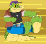 3_toes anthro bottomwear clothing feet flying_kick hat headgear headwear humanoid_hands kick midair pants shirt solo toes topwear jolly_the_lizard brok_the_investigator cowcat_games brok_(brok_the_investigator) alligator alligatorid crocodilian reptile scalie 2021 hi_res