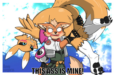 anthro armwear bite biting_lip blush bodily_fluids butt carrying_another carrying_partner claws clothing dialogue duo fangs female fur gloves hands_on_leg hands_on_thigh handwear larger_female looking_at_viewer male open_mouth pawpads shoulder_carry size_difference smaller_male sweat tail teeth text tuft ilovecorgis bandai_namco digimon hellaverse helluva_boss nintendo star_fox fox_mccloud canid canine digimon_(species) fox mammal renamon absurd_res english_text hi_res