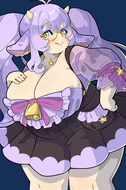 5_fingers big_breasts biped black_clothing black_dress breasts cleavage closed_smile clothed clothed_female clothed_humanoid clothing cowbell cowlick dress eyebrow_through_hair eyebrows eyewear female female_humanoid fingers front_view glasses hair hand_on_own_breast head_turned horn huge_breasts jewelry lace long_hair mouth_closed necklace overweight overweight_female overweight_humanoid pigtails purple_bow purple_clothing purple_dress purple_ears purple_eyebrows purple_horn purple_ribbon round_glasses short_horn simple_background small_horn smile solo standing star star_necklace thick_thighs translucent translucent_hair transparent_background yellow_eyes yellow_eyewear yellow_glasses morningpanda vtuber moomochi_(moomochimoovt) animal_humanoid bovid bovid_humanoid bovine bovine_humanoid cattle cattle_humanoid horned_humanoid humanoid mammal mammal_humanoid 2023 2:3 absurd_res alpha_channel colored digital_drawing_(artwork) digital_media_(artwork) hi_res portrait shaded three-quarter_portrait
