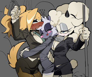 anthro arms_around_another arms_around_waist bell bell_collar black_business_suit black_clothing blonde_hair blue_eyes blush bottomwear business_attire business_suit businesswear clothing collar female female/female fur gloves grey_body grey_fur group hair handwear horn hug inside_train necktie skirt suit train trio vehicle white_clothing white_gloves white_handwear wool_(fur) yellow_body yellow_fur kosherea idw_publishing sega sonic_the_hedgehog_(comics) sonic_the_hedgehog_(idw) sonic_the_hedgehog_(series) lanolin_the_sheep_(sonic) tangle_the_lemur whisper_the_wolf bovid canid canine canis caprine lemur mammal primate sheep strepsirrhine wolf hi_res