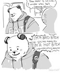 ambiguous_gender anthro biped blush clothing dot_eyes duo electronics headphones hoodie listening_to_music male simple_eyes slightly_chubby text text_on_clothing text_on_hoodie text_on_topwear topwear nekokat42 fat_hoodie meme_clothing one_piece bepo_(one_piece) bear mammal minkmen_(one_piece) polar_bear ursine 2023 english_text hi_res meme monochrome