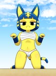 anthro black_eyes blonde_hair blue_ears blue_hair blue_sky blue_tail chest_wraps clothed clothing cloud female front_view fur hair kneeling sky solo tail two_tone_tail wraps yellow_body yellow_fur yellow_inner_ear yellow_tail sum animal_crossing nintendo ankha_(animal_crossing) domestic_cat felid feline felis mammal 2021 hi_res translated_description