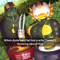 anthro armor big_breasts bottomwear breasts burger clothed clothed_anthro clothed_female clothing day detailed_background duo female female_anthro fingers food furgonomics furry-specific_piercing gesture gloves grill hand_gesture handwear headgear hedge helmet holding_object holding_plate holding_tongs holding_tool outside pants piercing pink_tongue plant plate shrub text thumbs_up tight_clothing tongs tongue tongue_out tools arzy_parzy helldivers snapchat democratic_bug helldiver alien arthropod human hunter_(helldivers) insect mammal terminid 1:1 2025 digital_media_(artwork) english_text hi_res