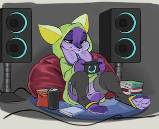 anthro bean_bag beverage beverage_can biped blue_eyes book bottomless clothed clothing feet female food footwear fur gaming half-closed_eyes hoodie legwear narrowed_eyes paws purple_body purple_fur shirt sitting smile socks solo speaker stockings toeless_footwear toeless_socks toes topwear reign-2004 garcelle_(reign-2004) lagomorph leporid mammal rabbit 2018 digital_media_(artwork)