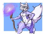 anthro clothing collar hand_on_hip legwear magic_user male nipples open_mouth panties solo staff tail thick_thighs thigh_highs underwear pokebraix canid canine mammal 4:3 hi_res