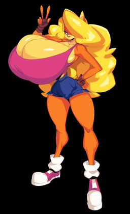 anthro big_breasts blonde_hair bottomwear breasts cleavage clothed clothing collarbone crop_top eyebrows eyelashes female fingerless_gloves footwear gesture glistening glistening_breasts gloves hair hand_gesture handwear huge_breasts hyper hyper_breasts orange_body shirt shoes shorts smile solo thick_thighs topwear v_sign wide_hips yellow_body jdwalkrat activision crash_bandicoot_(series) tawna_bandicoot bandicoot mammal marsupial 2026 hi_res