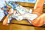 anthro big_breasts blue_hair blue_highlights blue_nipples bottomless breasts clothed clothing colored_nails dress_shirt female fin hair highlights_(coloring) looking_at_viewer lying mouth_closed nails nipples non-mammal_breasts on_side orange_body orange_eyes purple_hair purple_highlights shirt short_sleeves solo topwear water wet wet_clothing wet_shirt wet_topwear white_nails yellow_eyes kamri2032 jyxa fish marine requiem_shark shark tiger_shark absurd_res hi_res