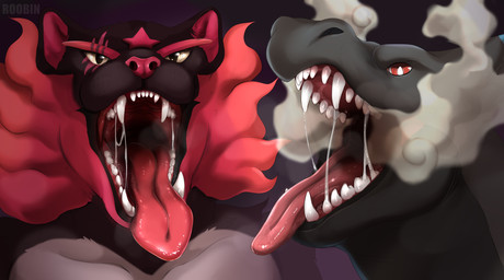 ambiguous_gender anthro black_body black_fur bodily_fluids duo fangs fur grey_body looking_at_viewer male male_anthro mouth_shot open_mouth pupils red_eyes red_tongue saliva saliva_string smoke smoke_from_mouth teeth tongue tongue_out white_body white_fur white_pupils roobin nintendo pokemon charizard generation_1_pokemon generation_7_pokemon incineroar pokemon_(species) hi_res