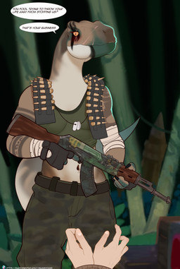 ambiguous_gender anthro bottomwear breasts brown_body brown_scales bullet camo camo_bottomwear camo_clothing camo_pants camo_print clothing crop_top dialogue disembodied_hand duo eye_scar facial_scar female female_focus first_person_view gloves hand_wraps handwear holding_assault_rifle long_neck midriff navel non-mammal_breasts non-mammal_navel pants pattern_bottomwear pattern_clothing pattern_pants scales scar shirt solo_focus speech_bubble text topwear wraps quangdoann dinosaur dromaeosaurid prehistoric_species reptile saurischian scalie theropod velociraptor english_text hi_res