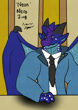 anthro badge blue_body blue_scales claws clothed clothing courtroom dark_body dark_scales horn lawyer male markings membrane_(anatomy) membranous_wings multicolored_body necktie purple_body purple_scales scales shirt solo suit suit_jacket text topwear white_markings wings animalatnight mythology wings_of_fire dragon mythological_creature mythological_scalie nightwing_(wof) reptile scalie digital_media_(artwork)