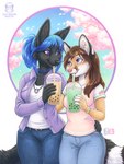 5_fingers anthro blue_hair breasts brown_hair clothed clothing duo eyebrows eyelashes female fingers hair purple_eyes smile kacey ace_(ayukawataur) kristania canid canine fox mammal 2022