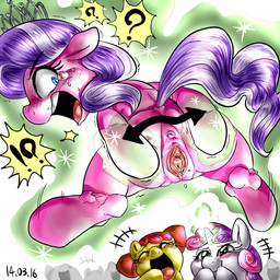 anus blue_eyes blush bodily_fluids body_control butt exclamation_point eyes_closed female female/female feral forced fur genitals green_eyes group hair horn interrobang laugh magic multicolored_hair open_mouth pink_body pink_fur question_mark spread_vulva spreading sweat tears tongue two_tone_hair vulva white_body white_fur yellow_body yellow_fur young young_feral nekubi friendship_is_magic hasbro my_little_pony mythology apple_bloom_(mlp) diamond_tiara_(mlp) sweetie_belle_(mlp) earth_pony equid equine horse mammal mythological_creature mythological_equine pony unicorn 1:1 2014