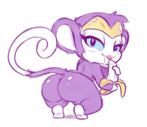 banana bedroom_eyes big_butt blue_sclera blush butt eyelashes female feral food food_fetish food_play fruit half-closed_eyes looking_at_viewer looking_back narrowed_eyes plant seductive shortstack shortstack_female simple_background solo suggestive suggestive_food thick_thighs tongue tongue_out brachyzoid shantae_(series) wayforward shantae_(monkey_form) haplorhine mammal monkey primate 2017 digital_media_(artwork)