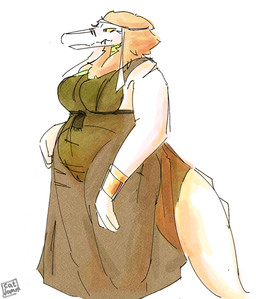 anthro big_tail blonde_hair breasts clothed clothing female genitals hair mane overweight overweight_female scar solo tail translucent translucent_clothing vulva white_body yellow_sclera catjamn egyptian_mythology middle_eastern_mythology mythology ammit ammit_(catjamn) crocodilian reptile scalie hi_res