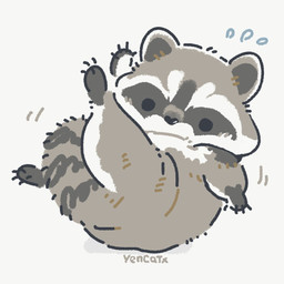 black_eyes black_nose bodily_fluids chibi dot_eyes feral fur grey_body grey_fur simple_background simple_eyes solo sweat white_background yencatx mammal procyonid raccoon 1:1 2021