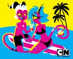 2021 absurd_res alcohol anthro beverage bikini black_bikini black_clothing black_hair black_swimwear body_hair butt cartoon_network cartoon_network_palette_challenge chest_hair clothed clothing cmyk cocktail demon digital_media_(artwork) duo feet_in_water female forked_tail freckles hair hand_holding heart_eyes heart_symbol helluva_boss hi_res horn imp male male/female millie_(helluva_boss) moxxie_(helluva_boss) nedeeress not_furry palm_tree pink_body pink_skin plant racerback_bikini restricted_palette sharing_drink shirtless skimpy sky summer surfboard swimming_trunks swimwear tail tree two-piece_swimsuit unusual_anatomy unusual_tail wet white_hair y_shaped_butt_crack yellow_sclera yellow_sky