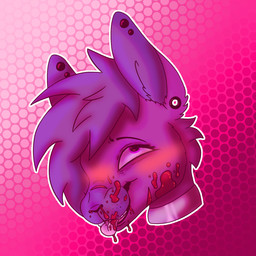 anthro bite blood blood_from_mouth blood_in_mouth blood_on_face blood_splatter bloodshot_eyes blue_hair blush bodily_fluids bruised bruised_eye bruised_face collar ear_piercing facial_scar female grin hair happy inner_ear_fluff messy_hair missing_tooth multiple_piercings nosebleed piercing purple_body scar short_hair smile smiling_at_viewer smirk smirking_at_another smirking_at_viewer solo tongue tongue_bite tongue_out tuft sammywhich lagomorph leporid mammal rabbit 1:1