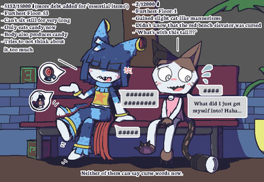 anthro bell bell_collar bench blush blush_lines bodily_fluids brick_wall calico_pattern claws collar duo female female/female implied_transformation open_mouth pinata sitting spiral spiral_eyes sweat sweatdrop text wall_(structure) oagoner blushcrunch_studio dandy's_world roblox scraps_(dandy's_world) yatta_(dandy's_world) animate_inanimate living_pinata aliasing digital_media_(artwork) english_text