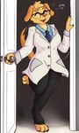 anthro balancing clothing coat doctor doorway excited female lab_coat opening_door scientist solo tail tail_motion tailwag topwear laserkitten pixile_studios super_animal_royale dr._jennifer_dogna bird_dog canid canine canis domestic_dog hunting_dog mammal retriever absurd_res hi_res